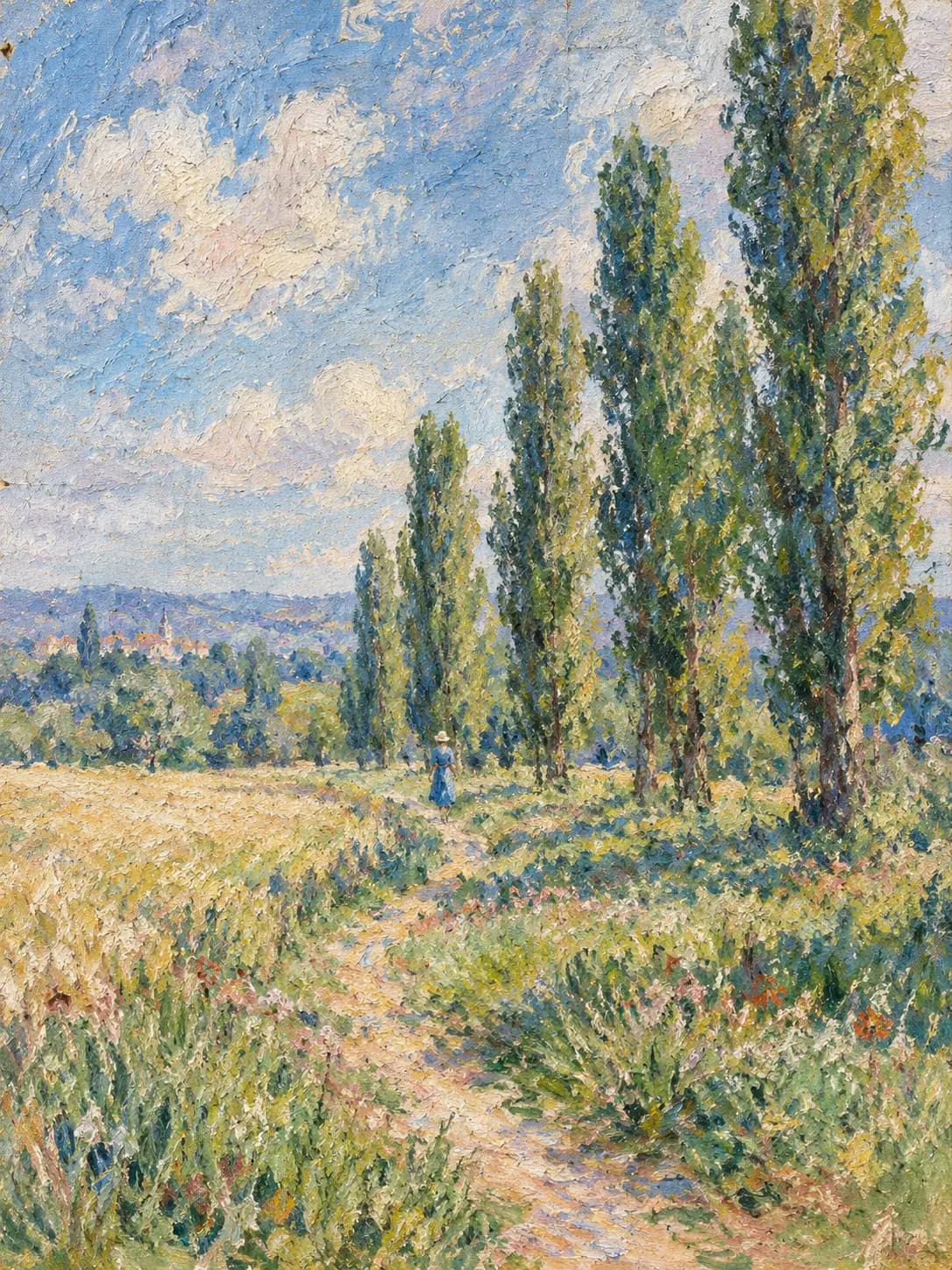 Sunlit meadow with a line of poplars and a figure walking a path.