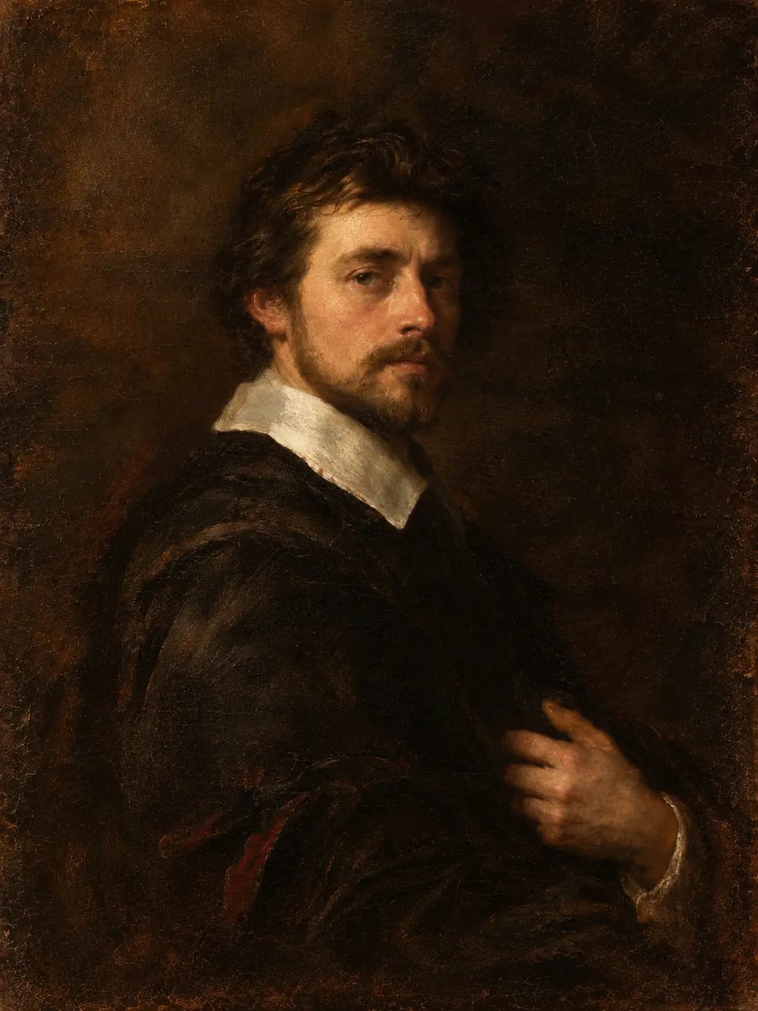 Portrait of a sitter in dark clothing with a white collar, lit from the left against a dark ground.